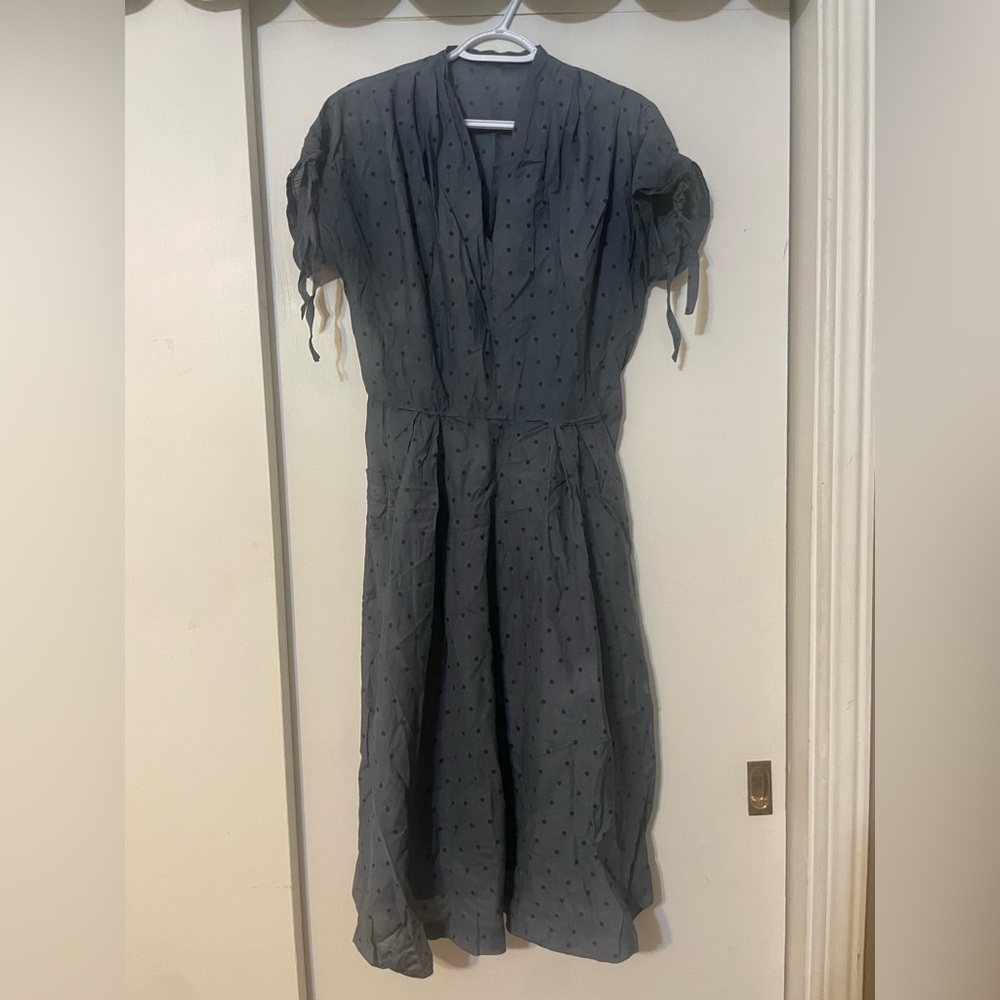 True Vintage 1940s 1950s Gray Polka Dot Womens Handmade Dress